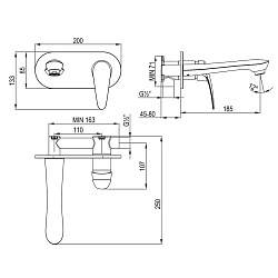 LINARA Встраиваемый смеситель для раковины, настенный, длина излива 19 см, латунь/хром