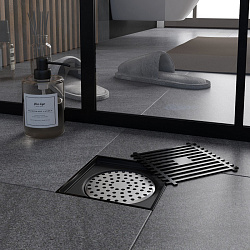 Corpa Nera Grossi/Гросси душевой трап 10х10 с сухим затвором, вертикальный выпуск, черный