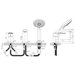 Встраиваемый смеситель на борт ванны, на 3 отверстия, 5-ти режимная лейка, высота излива 12 см, длин
