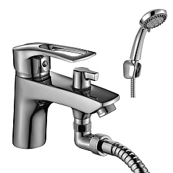 Смеситель на борт ванны с  коротким монолитным изливом, 5-ти режимная лейка, высота излива 8 см, дли