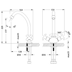 FLORA Смеситель для кухни с поворотным изливом, двуручковый, выс. изл. 18 см, дл. 13 см, латунь/хром
