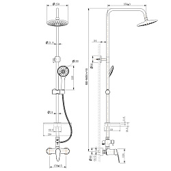 LINARAДушевая система с верхним душем Ø25 см, регулир. высота 1,5~1,6м, латунь/хром