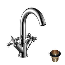 Смеситель для раковины с поворотным изливом, двуручковый, высота излива 16 см, длина 13 см, латунь/х