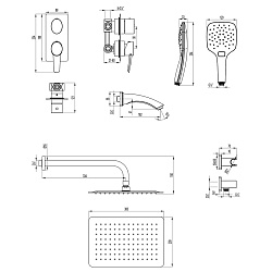 ATLANTISS Встраиваемый смеситель с верхним душем 30х20 см, лейка 3 режима, излив 16 см, латунь/хром