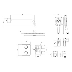 Встраиваемый термостатический смеситель с верхним душем 30х30 см и 3-х режимной лейкой для душа, лат