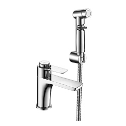 Смеситель для раковины с гигиеническим душем, термостатический, монолитный, высота излива 9 см, длин