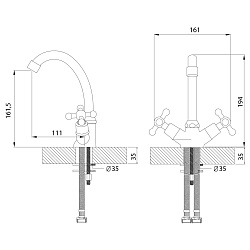 Смеситель для раковины с поворотным изливом,  двуручковый, высота излива 14,5 см, длина 12 см, латун