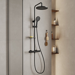 Смеситель термостатический для душа со стойкой и тропической лейкой, черный матовый, Ideal Spa, Mila