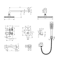 Встраиваемый смеситель с верхним душем 30х20 см, излив 20 см, латунь/чёрный