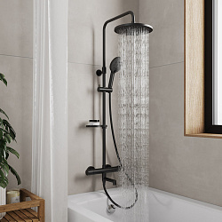 Смеситель термостатический для ванны со стойкой и тропической лейкой, черный матовый, Ideal Spa, Mil