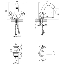 ВЫВОД VINTAGE Смеситель для раковины, монолитный с донным клапаном клик-клак, двуручковый,латунь/бро