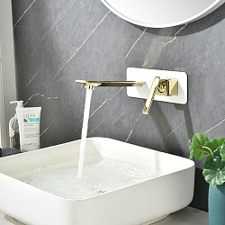 Смеситель для раковины встраиваемый, длина излива 17 см, латунь/белый/золото