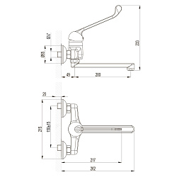 PROJECT Смеситель для кухни/раковины с локтевой рукояткой, настенный, излив 20 см, латунь/хром