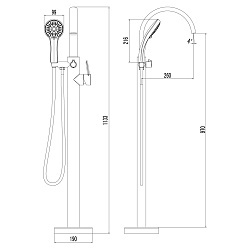 Напольный смеситель для ванны, высота излива 97 см, длина 26 см, поворотный переключатель,  лейка дл