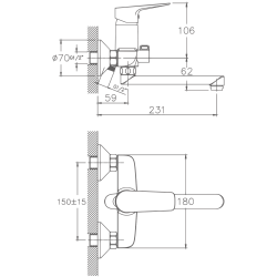 Смеситель для ванны, длинный излив, латунь, хром HB60506