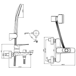 Смеситель для ванны с коротким изливом, поворотный переключатель, 3-х реж.лейка, латунь/хром,RS46-30