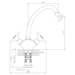 Смеситель для кухни с поворотным изливом, двуручковый, высота излива 17 см, длина 16 см, латунь/хром