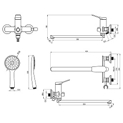 ORTUS Смеситель универсальный с плоским изливом 35 см, кнопочный переключатель, латунь/хром,LM11351C