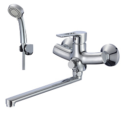 Смеситель универсальный с плоским изливом 32 см, кнопочный переключатель, 3-х режимная лейка, латунь