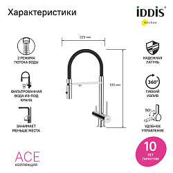 Смеситель для кухни с фильтром и гибким изливом, хром, Ace, IDDIS, ACESBFFi05