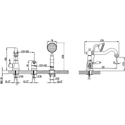 Встраиваемый смеситель на борт ванны с поворотным изливом на 3 отверстия, высота излива 12 см, длина