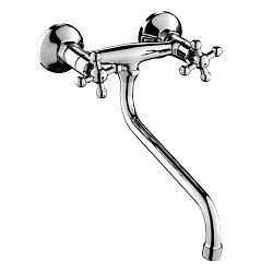 Смеситель для кухни, настенный, двуручковый, с нижним поворотным изливом 26 см, латунь/хром