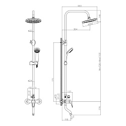 Смеситель DECOROOM DR21071 для ванны и душа с регулируемой высотой штанги, поворотным изливом и лейкой "Тропический дождь"