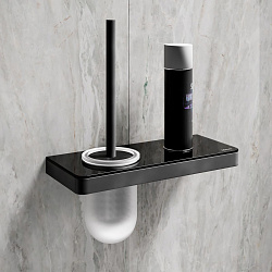 Ершик для унитаза GLASS LINE с держателем и полкой, полка 30х12,5 см, чёрный/чёрное стекло