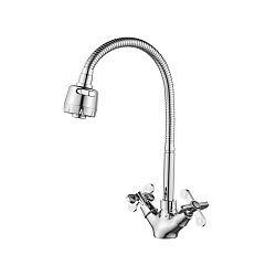 Смеситель для кухни с гибким изливом, двуручковый, высота излива 19 см, длина 18,5 см, латунь/хром