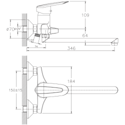 Смеситель для ванны, длинный излив, латунь, хром HB2207