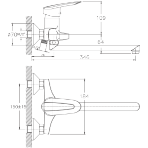 Смеситель для ванны, длинный излив, латунь, хром HB2207
