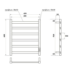 Полотенцесушитель электрический Point Атлант PN18846B П6 400x600, диммер справа, черный