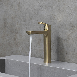 URSUS Смеситель для раковины, высокий, монолитный, с дон.клапаном, латунь/браш.светлое золото