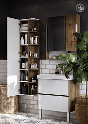 Шкаф-колонна Сканди с зеркалом, белый/Дуб Рустикальный