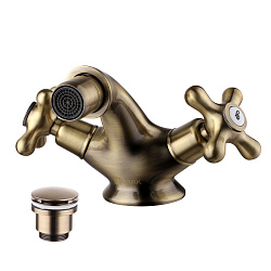 ВЫВОД VINTAGE Смеситель для биде с донным клапаном клик-клак, двуручковый,латунь/бронза