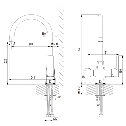 Смеситель для кухни, с подключением к фильтру питьевой воды, высота излива 22 см, длина 20 см, латун