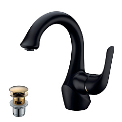 ВЫВОД SWAN Смеситель для раковины, монолитный, с дон.клап.клик-клак цвета золото, латунь/чёрн/золото