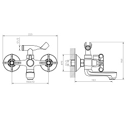 Смеситель для ванны с коротким фиксированным изливом, двуручковый, поворотный переключатель, латунь/