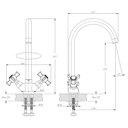 Смеситель для кухни с поворотным изливом, двуручковый, высота излива 21,5 см, длина 18см, латунь/хр