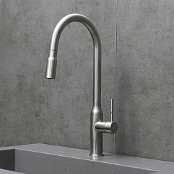 EXPERT Смеситель для кухни с вытяжным изливом, 2-х режимный аэратор, нерж. сталь