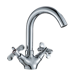 Смеситель для раковины с поворотным изливом,  двуручковый, высота излива 14 см, длина 13 см, латунь/