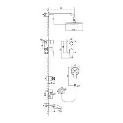 Встраиваемый смеситель с верхним душем Ø22,6 см, лейка 3 режима Ø110 мм, излив 16 см, латунь/графит