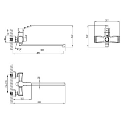 Смеситель универсальный для ванны с поворотным изливом 380 мм, хром