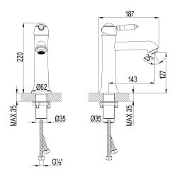 Смеситель для раковины средний, монолитный, высота излива 13 см, длина 14 см, с донным клапаном клик