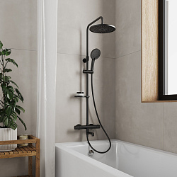 Смеситель термостатический для ванны со стойкой и тропической лейкой, черный матовый, Ideal Spa, Mil