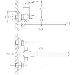 Смеситель для ванны, длинный излив, латунь, хром HB2216