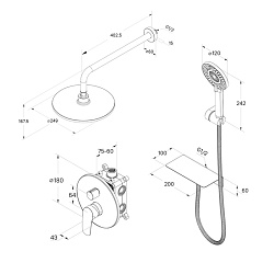 Душевая система скрытого монтажа с тропическим душем и ручным душем, черный матовый, Rora, Milardo,