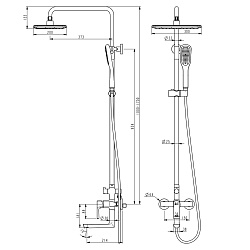 Душевая система с верхним душем 30х20 см и поворотным изливом, регулируемая высота 1~1,7м, латунь/чё