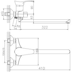 Смеситель для ванны, длинный излив, латунь, хром HB2201
