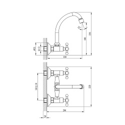 Смеситель для кухни, настенный, двуручковый, с верхним поворотным изливом, высота излива 15 см, длин